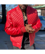 Men's Red Quilted Casual Biker bomber Leather Jacket - $179.99