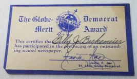 The Globe Democrat Merit Award 1950 School Newspaper Award Card Beckemeier - $18.95