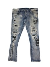 Smoke Rise Denim Mens Jeans 42x32 Distressed Paint Skull Graphic Taper S... - $33.25
