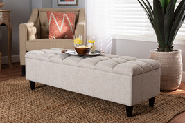 Beyla Beige Fabric Upholstered Dark Brown Storage Bench Ottoman - $4,148.39 MXN
