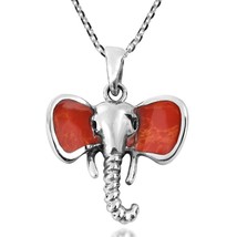 Noble Elephant Head with Synthetic Coral Inlays Sterling Silver Necklace - £17.04 GBP