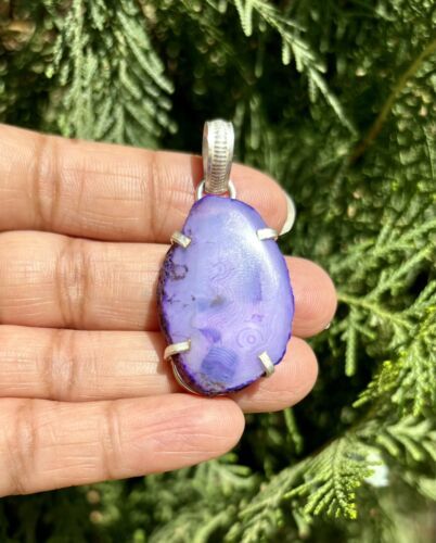 925 Sterling Silver Plated, Purple Druzy Geode Agate Stone Pendant, Heal... - $12.07