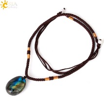 CSJA Labradorite Stone Braided Necklace Irregular Natural Stone Pendants for Wom - £13.27 GBP