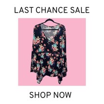 Black Floral Women’s XL Top Bell Sleeves V Neck Tunic Relativity Shirt - £7.81 GBP