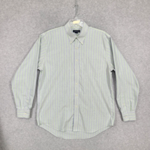 Lands End Men's Button Up Shirt Long Sleeve Green Blue Stripe 16.5 35 - £11.37 GBP