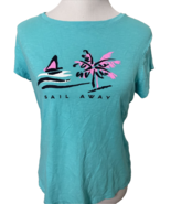 Crown &amp; Ivy Turquoise Crew Neck Short Sleeve T shirt &quot;Sail Away &quot; Size L - €8,14 EUR