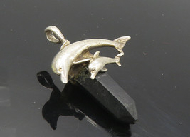 925 Sterling Silver - Vintage Black Onyx Wand Mom &amp; Baby Dolphin Pendant- PT7728 - £23.59 GBP