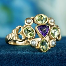 Natural Amethyst Peridot Pearl Vintage Style Cluster Ring in Solid 9K Gold - £441.77 GBP