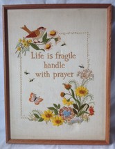 Life is Fragile Handle with Prayer Framed Crewel Needlepoint 19.5 x 25.5&quot; - £23.88 GBP