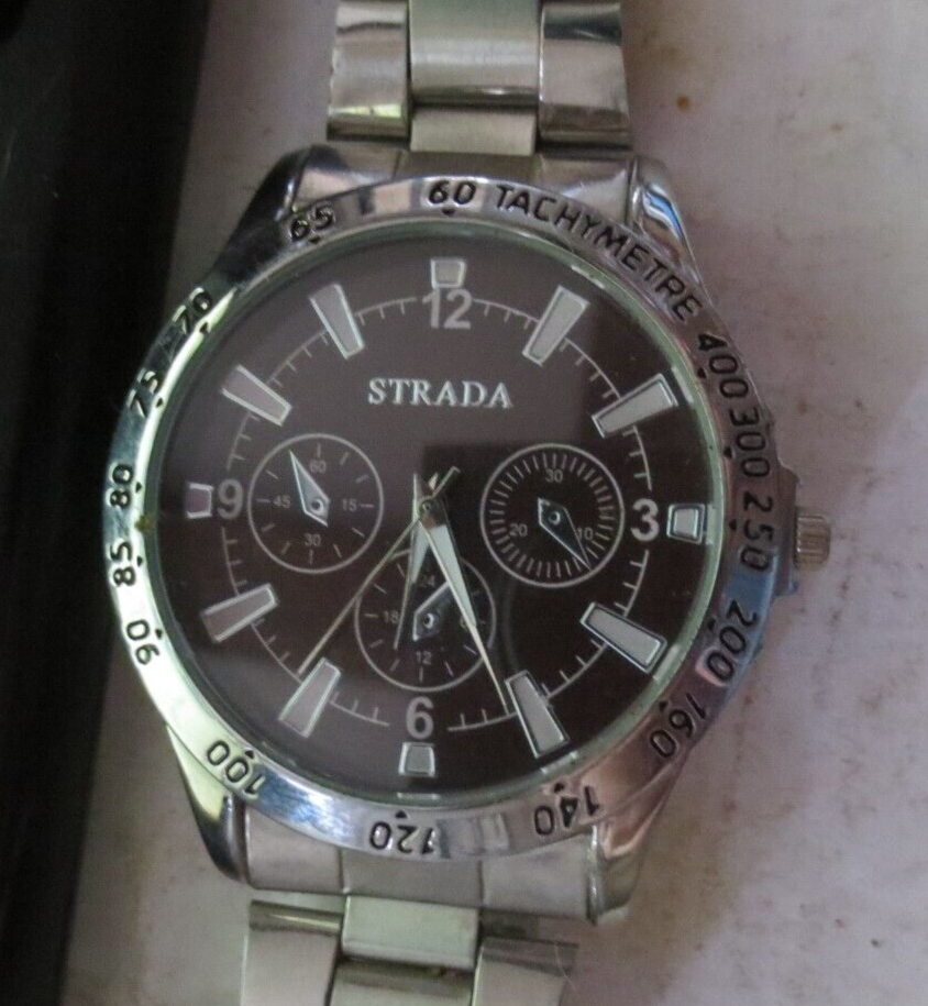 Strada Men&#39;s Black Silver Analog Chronograph Tachymetre Quartz Watch - $12.19