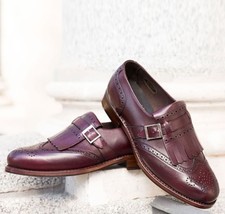 Rounded Brogue Toe Dark Maroon Genuine Leather Monk Handmade Men Classic Shoes - £118.86 GBP+