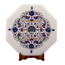 12&quot; White Marble Coffee Table Top Lapis Lazuli Inlay Floral Peacock Decor E111 - £405.04 GBP