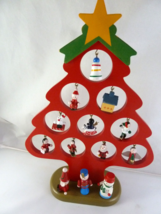 Wooden Tabletop 11” Red Christmas Tree with 10 Mini Ornaments + 3 figures - £14.34 GBP