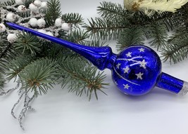 Blue Christmas glass tree topper with silver stars, XMAS finial - $22.88