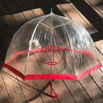 Vintage Plastique Transparent Parapluie Rouge &quot; T Logo - £78.33 GBP
