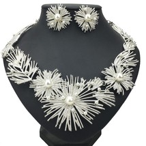 Big Flower Statement Necklace Set ZA Women Wedding African Imitation Pearl Metal - £18.48 GBP
