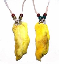 YELLOW RABBIT FOOT NECKLACE w beads suede leather bunny feet jewelry mens womens - £3.71 GBP