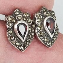 vintage 925 sterling silver garnet marcasite earings womens - $29.99