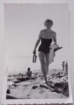 JoAnne With Her Radio Walking On The Beach Snapshot Photo 1950s - £7.18 GBP