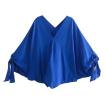 Women&#39;s 2022 Fashion New Bow Decorative Drape Bat Shirt Casual Solid Color V-Nec - £86.34 GBP