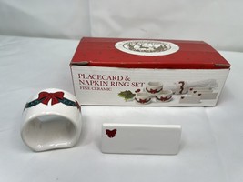 Ceramic NAPKIN RINGS &amp;  PLACE CARDS •4• RED BOWS ON WHITE NIB CHRISTMAS ... - $20.09