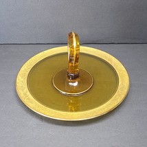 CAMBRIDGE Amber Glass Tray Gold Raised scroll work Serving dish with Han... - $8.90