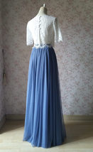 Dusty Blue Bridesmaid Dresses 2 Piece Long Tulle Skirt and Sleeve Crop Lace Top  image 3