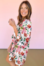 Red Floral Contrast Striped V Neck Puff Half Sleeve Shift Dress - $19.10