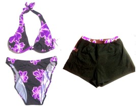 Sia 3-pc Brown &amp; Purple Underwire Halter Bikini Swimsuit w/Shorts Size 8 NWT$106 - $67.50