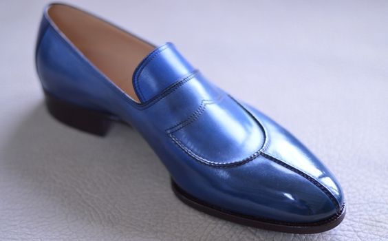 Handmade Free Speech Blue Split Toe Slip On Good Quality Leather Men Dress Shoes