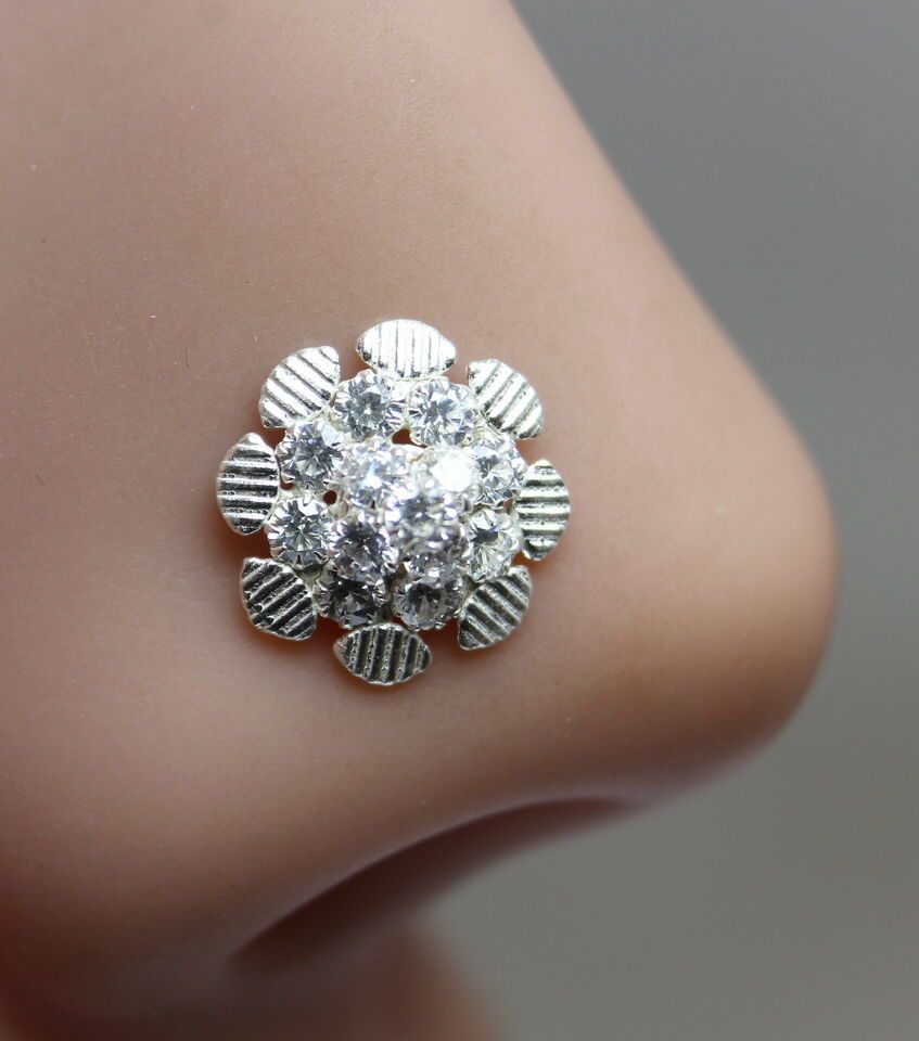 Unique Nose ring Indian 925 Sterling Silver White CZ Studded Twisted 22g