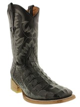 Mens Black Crocodile Back Print Leather Cowboy Boots Square Toe Botas - $125.99