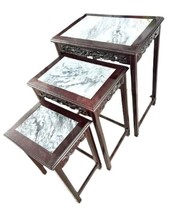 Antique Asian Rosewood Carved Dragons 3 Nesting Side Tables with Grey Marble Top - £800.24 GBP