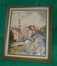 Vtg Oil Painting Fran True Old Village Cathedral Convent Flower Garden Art Study - £139.78 GBP