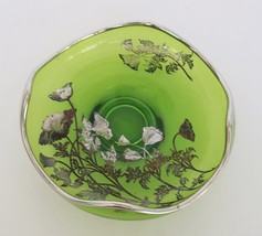 Vintage green art glass silver overlay floral pattern decorative bowl - $29.99