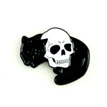 Black Cat Napping with Skull Enamel Pin Cute Catnap - £6.40 GBP