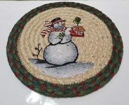 Christmas Snowman Painted Hot Pad Woven Vintage Raffia 10&#39;&#39; Round Red Gr... - $20.38