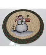 Christmas Snowman Painted Hot Pad Woven Vintage Raffia 10&#39;&#39; Round Red Gr... - £16.05 GBP