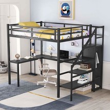 Metal Full Size Loft Bed With L-Shaped Desk And Wardrobe, Sturdy Bedframe W/Stor - £700.72 GBP