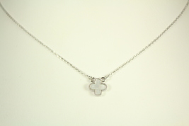 Single Small Clover Mother of Pearl Necklace, Silver Plated - $35.00