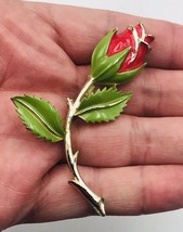 Silver Tone Enamel Red Rose Stem w/ 2 Leaf&#39;s Brooch Pin 2.5&quot; x 1.5&quot; - $9.49