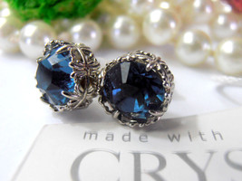 Dark Sapphire Blue Stud Earrings w/ Swarovski Crystals / Art Deco Platinum Jewel - £23.89 GBP