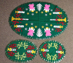 Vintage Puff Felt Sequins Christmas Table Topper Runner Angels Candles 3pc Set - £38.45 GBP