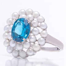 1CT Oval Cut Lab-Created Aquamarine &amp; Pearl Halo Engagement Ring in 925 Silver - £129.88 GBP