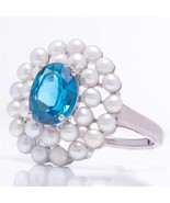 1CT Oval Cut Lab-Created Aquamarine &amp; Pearl Halo Engagement Ring in 925 ... - £129.80 GBP