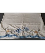 Vintage Hand Embroidered Pillowcase Blue Swans Crochet Edging 20x28 - $12.20