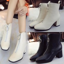 Women‘s Leisure Leather Front Zipper Shoes Round-Toe Thick High Heel Martin Boot - £33.05 GBP
