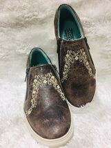 Ladies Brown Distressed Leather~Embroidery Sneakers~Style E1551 Zippered... - $118.00