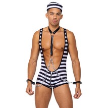 Prisoner Costume Set Striped Singlet Harness Chain Cuffs Hat Inmate Conv... - £46.61 GBP