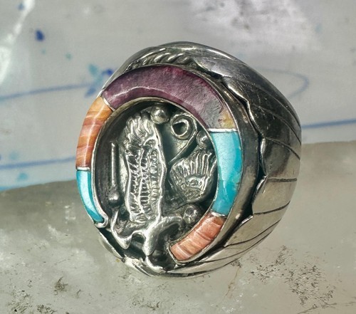 Navajo ring Horseshoe eagle turquoise spiny oyster size 11 sterling silver men Item image 5